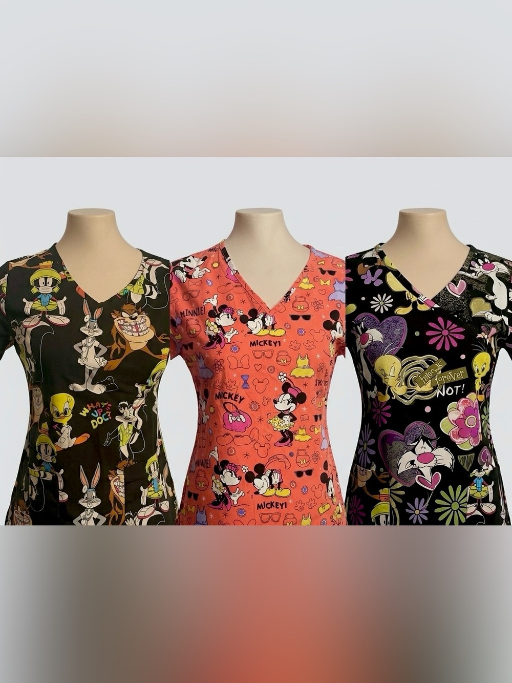 ⚡️ SET OF 3 Vintage SCRUBS Warner Bros. Looney Tunes & Disney in XS